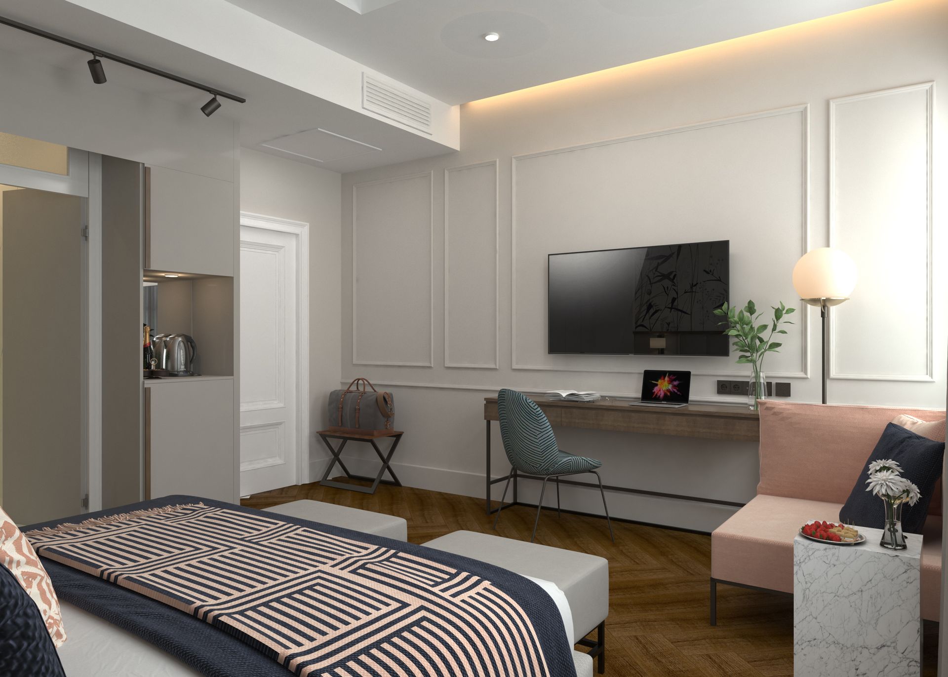 A bedroom with a bed , couch , desk and television.