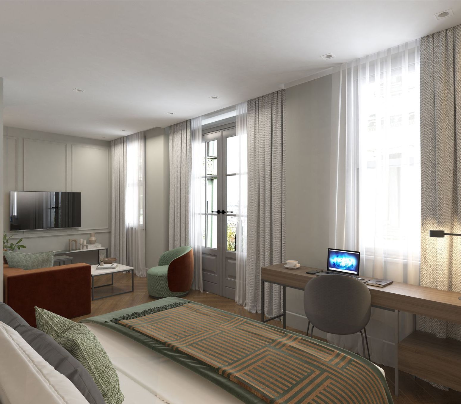 An artist 's impression of a hotel room with a large bed and a desk