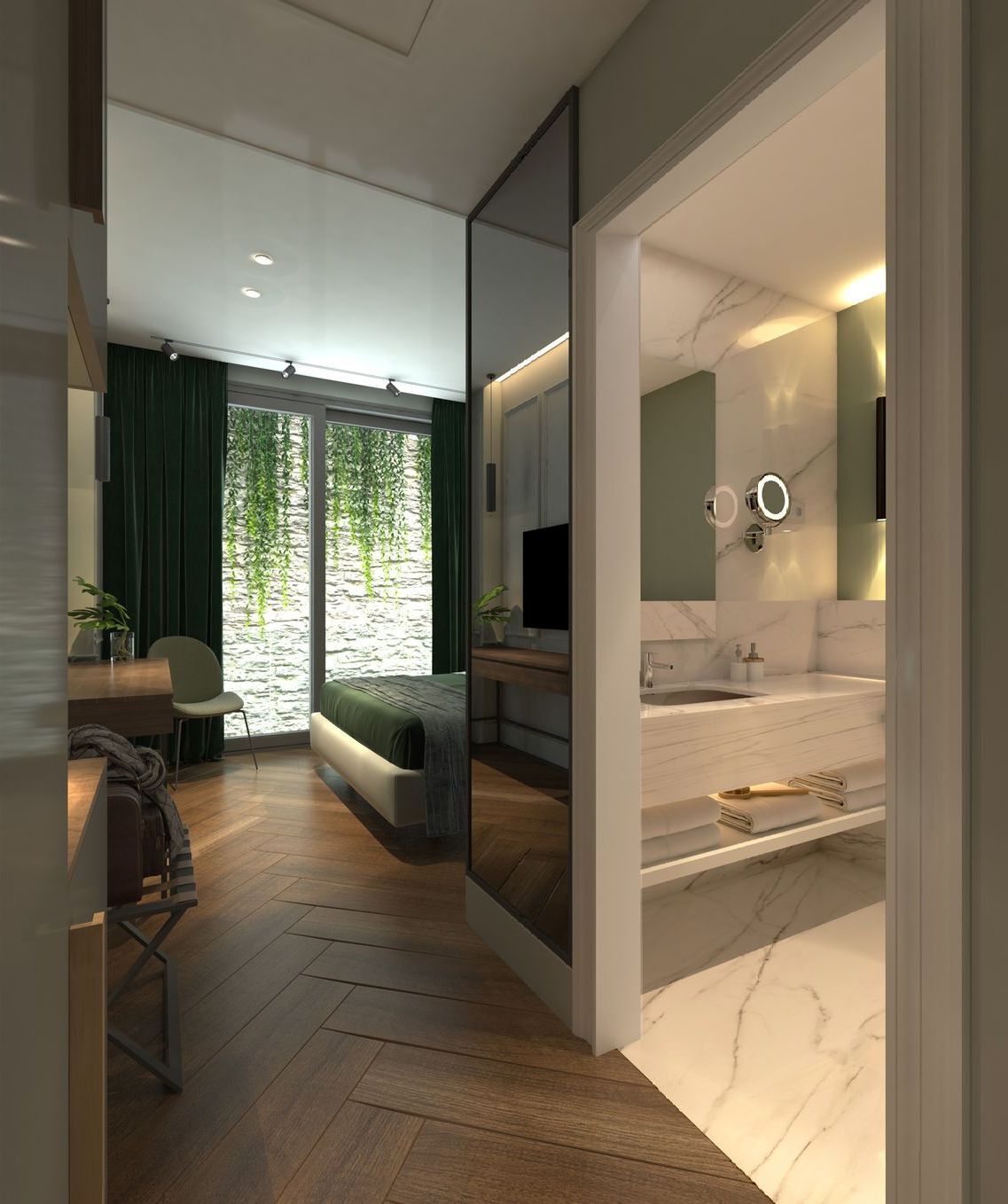 An artist 's impression of a bedroom and bathroom