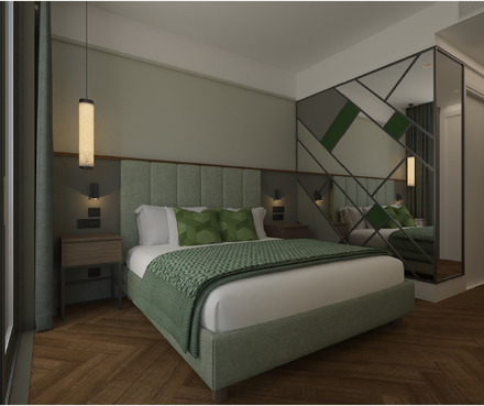 The Wings Hotels Pera | A bedroom with a green bed and white sheets