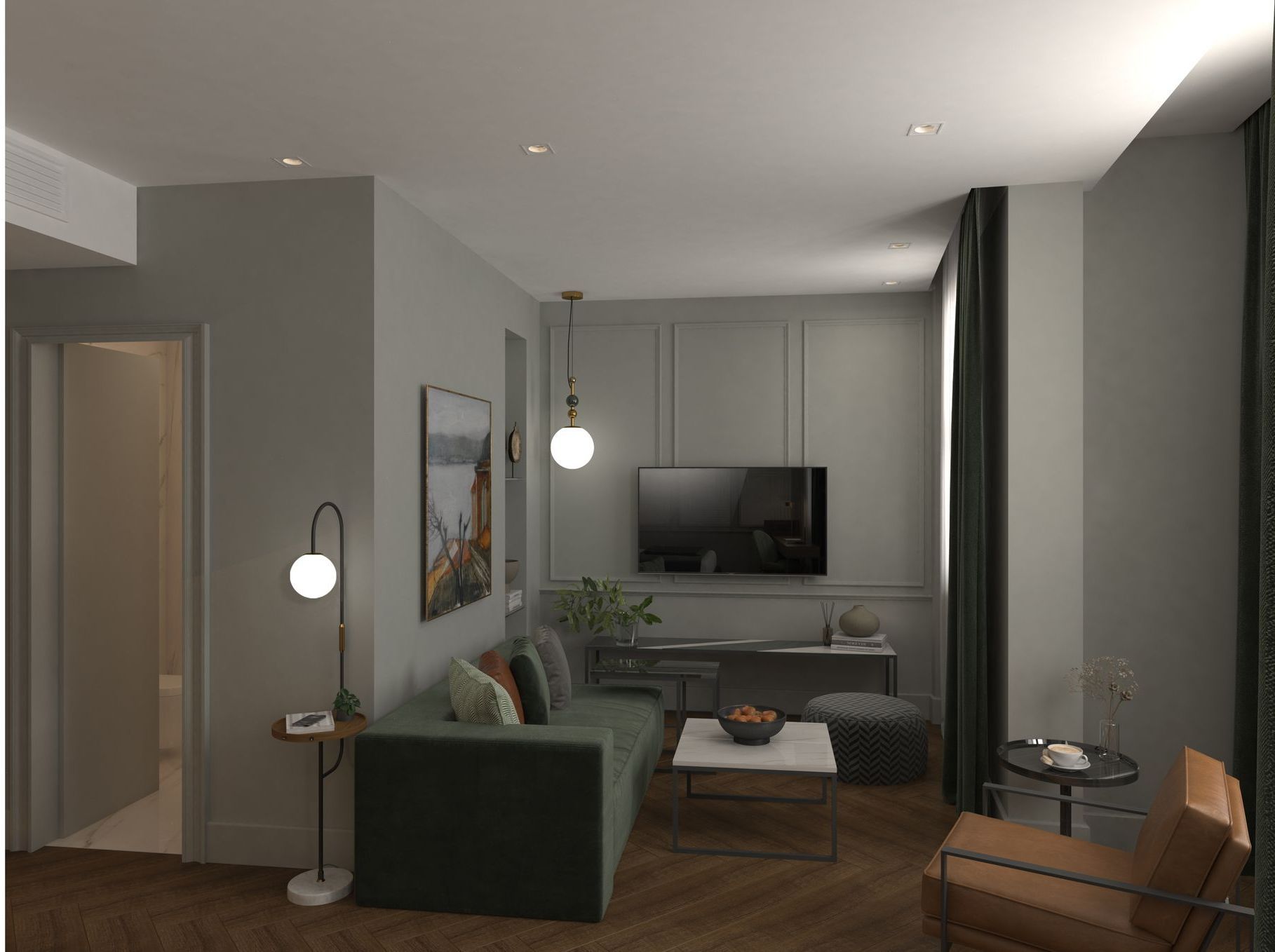 A living room with a couch , chair , table and television.