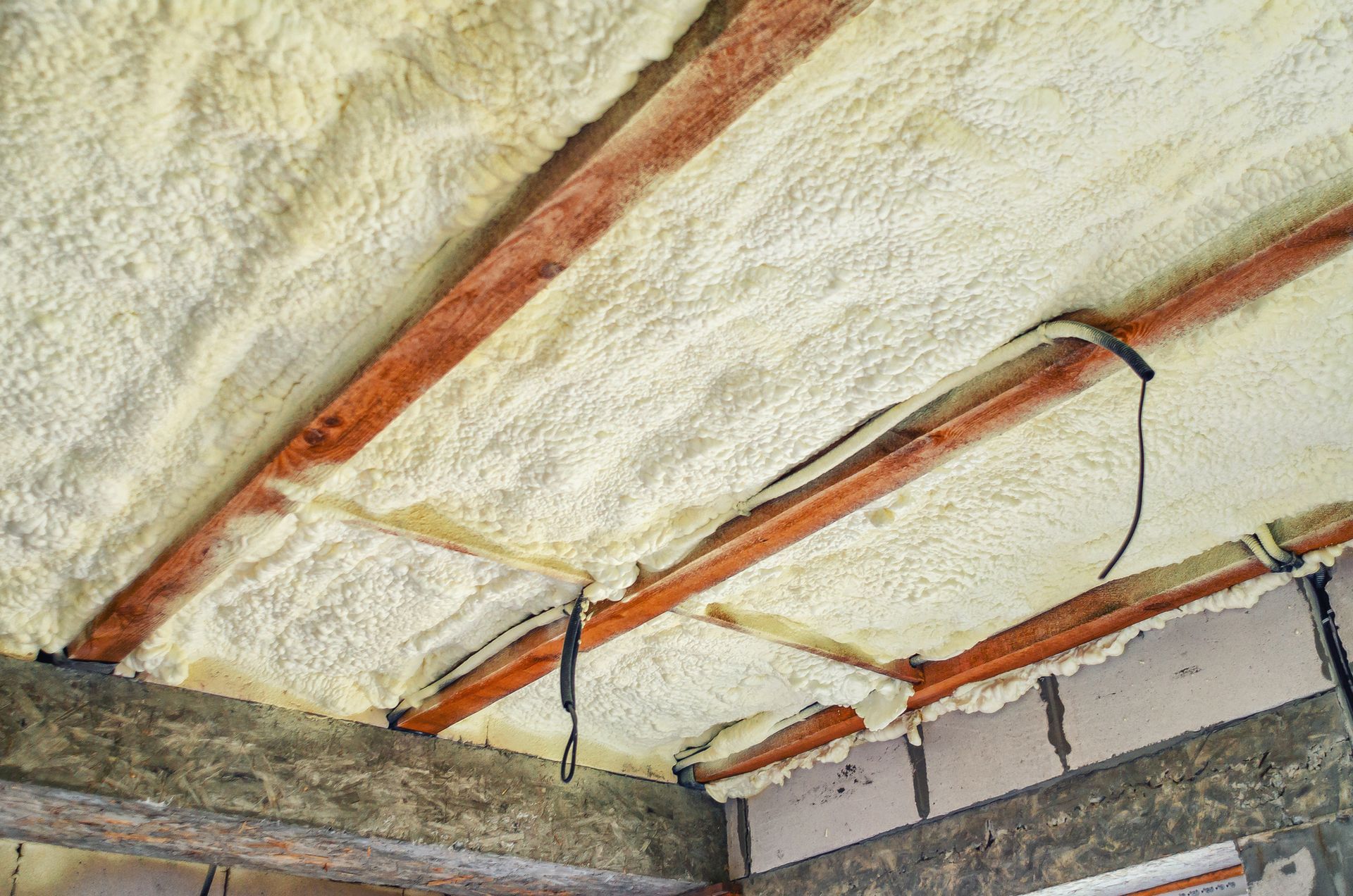 A close up of a ceiling with foam and wooden beams.