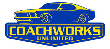 A blue and yellow logo for coachworks unlimited