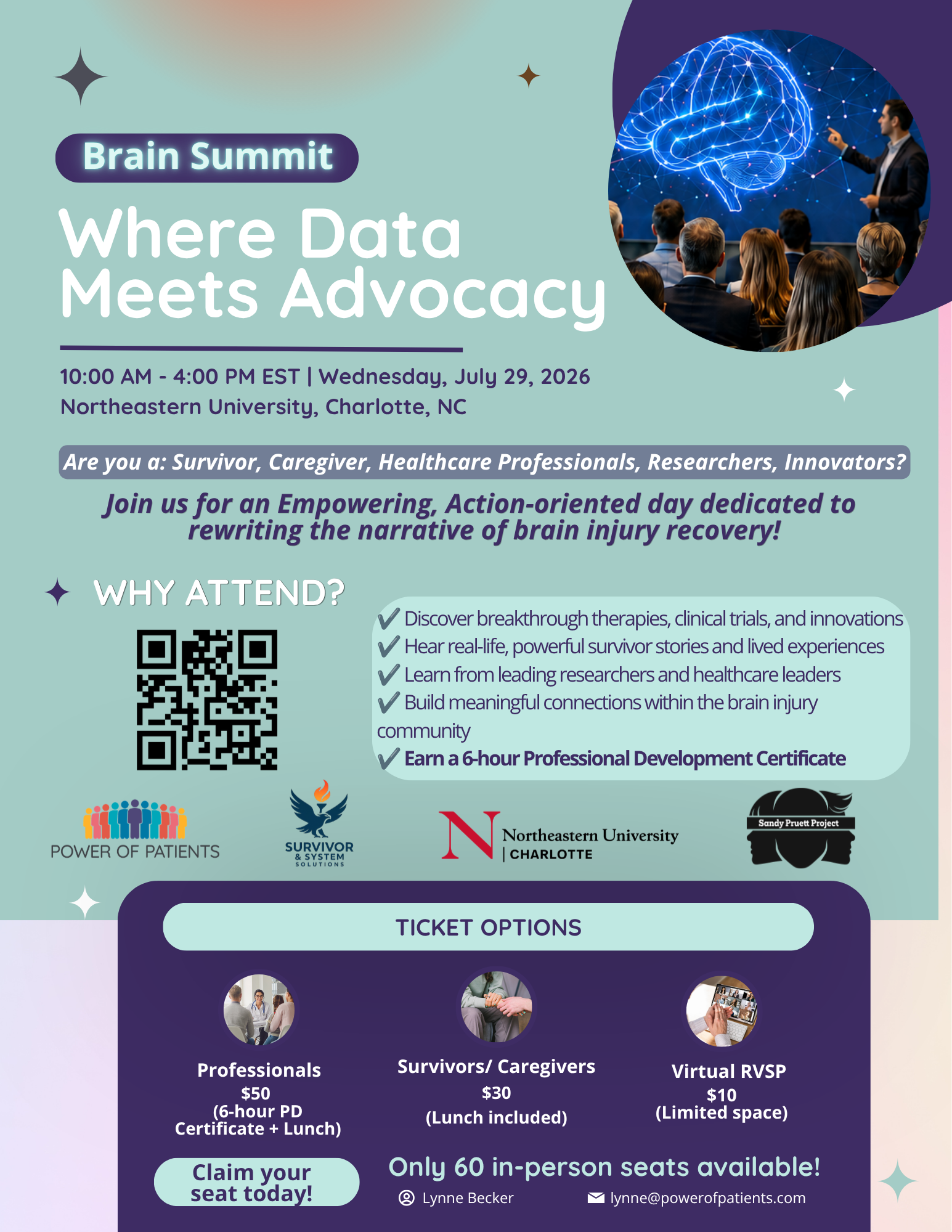 Brain Summit 2026 final flyer for July 29, 2026 at Northeastern University Charlotte Campus