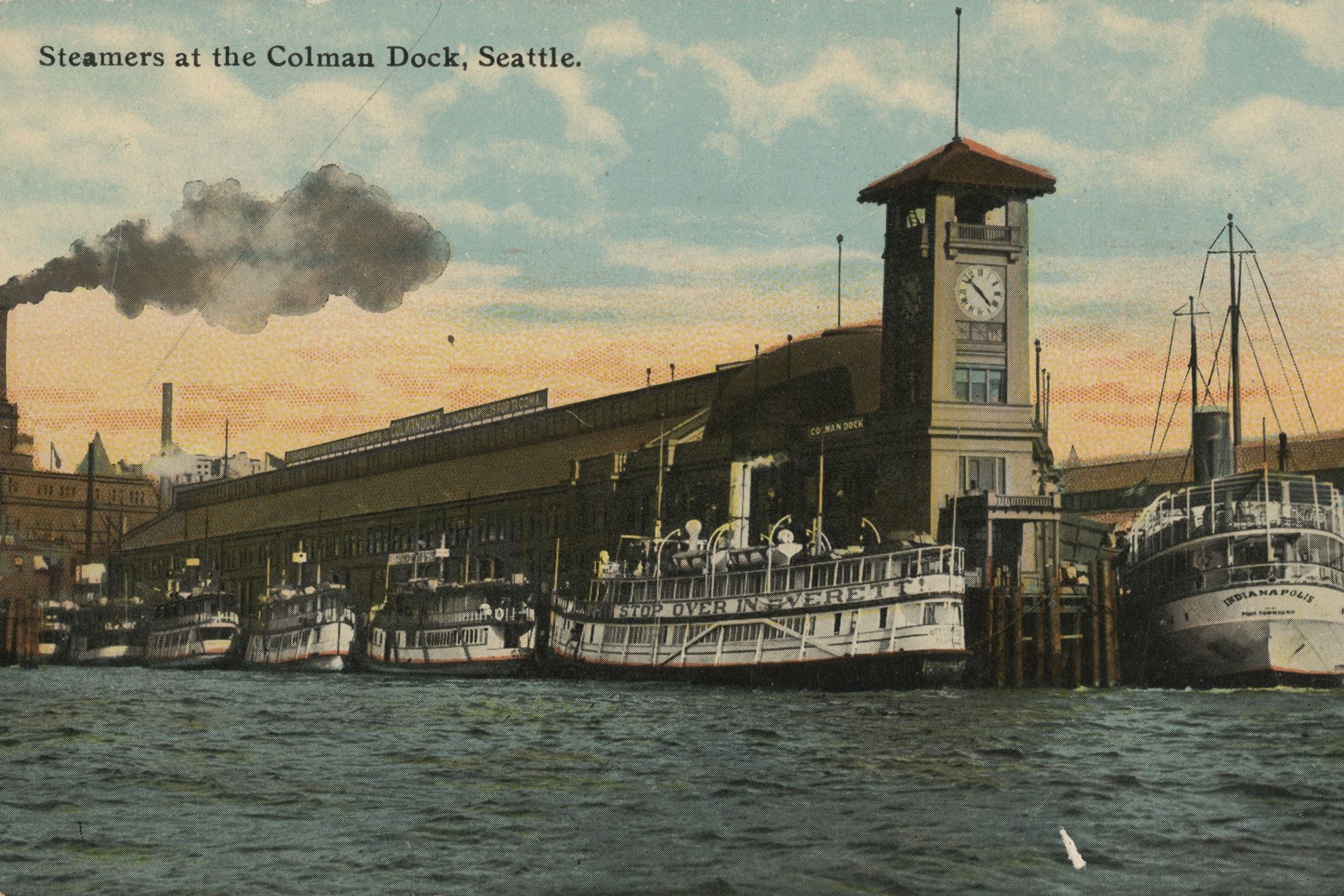 A postcard of steamers at the Colman Dock in Seattle