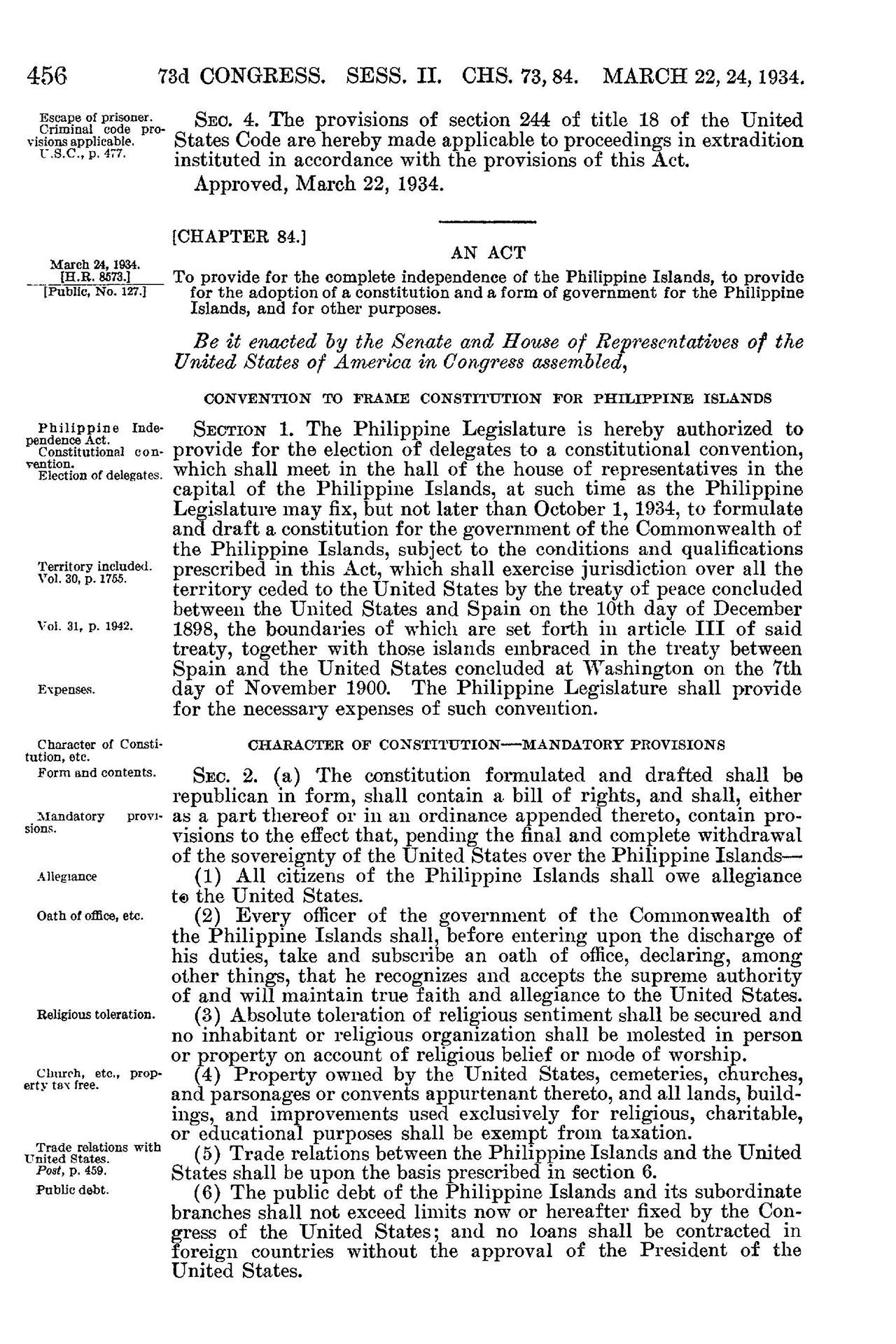 An excerpt from the Tydings-McDuffie Act of 1934, rescinding the