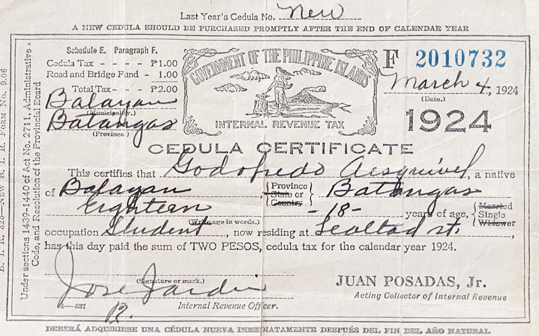 A black and white ID certificate from 1924