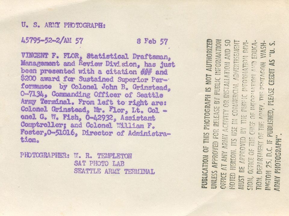 A typed notice from the U.S. Army announcing Vincent F. Flor's superior performance