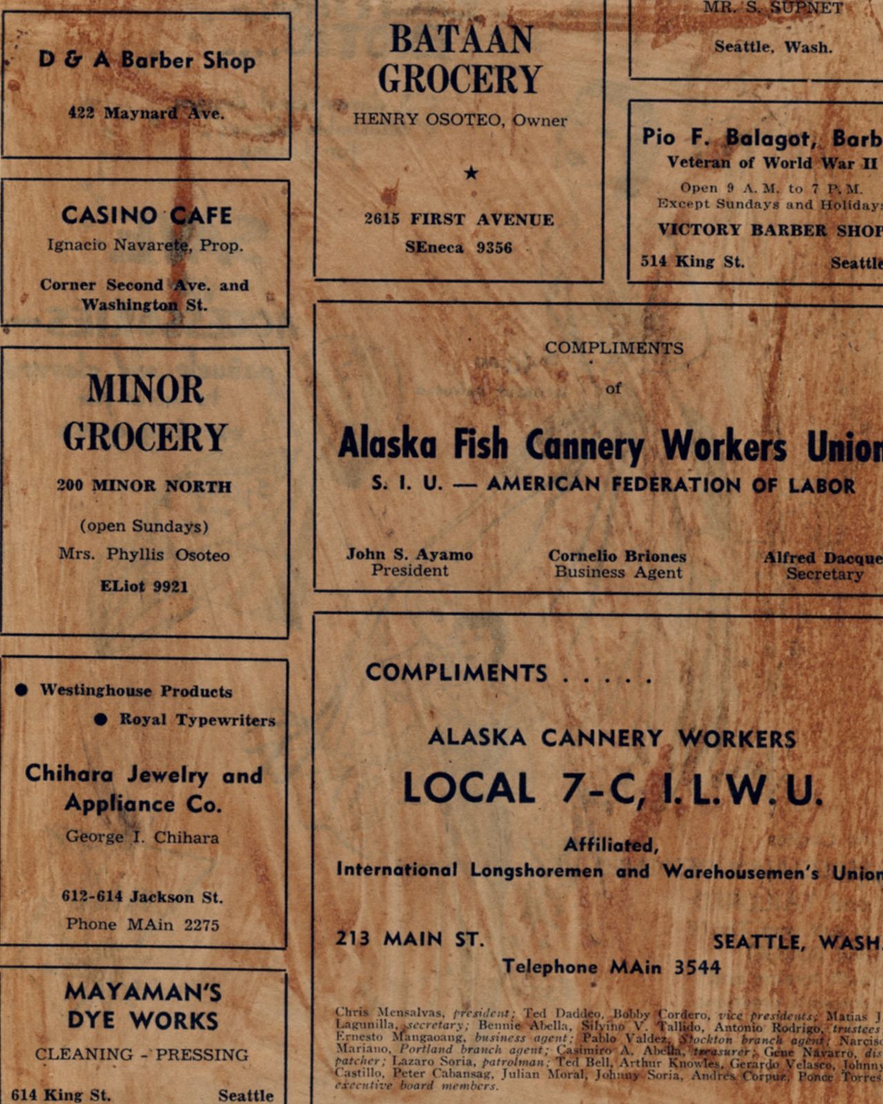 A page of advertisements including a barber shop, groceries, jeweler, dye works and Alaska Fish Cannery Workers Unions