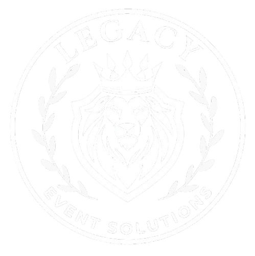 A white logo with a lion and laurel wreath on a white background.