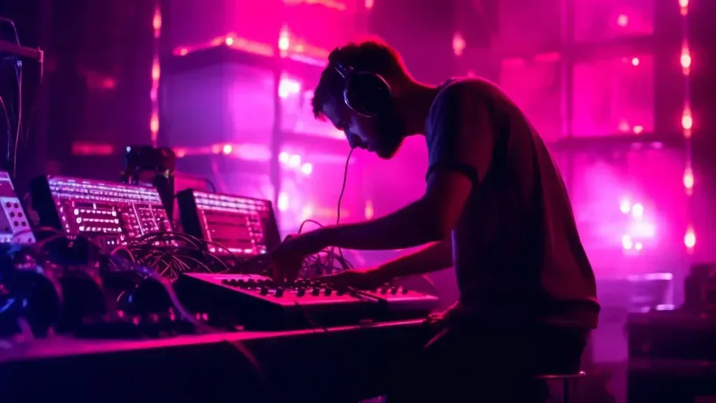 A man wearing headphones is playing a keyboard in a dark room.
