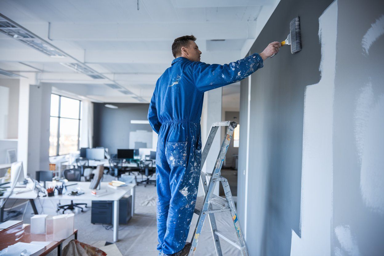 A man is standing on a ladder painting a wall in an office.