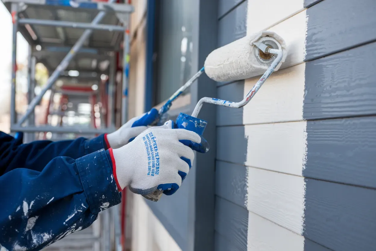 A man is painting a building with a roller.