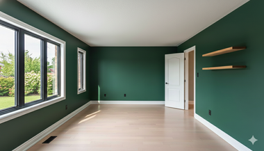 Empty room with dark green walls, light wood floors, white trim, and two floating shelves.