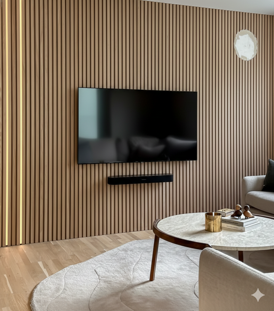 Living room with a wooden slatted accent wall, TV, and round coffee table.