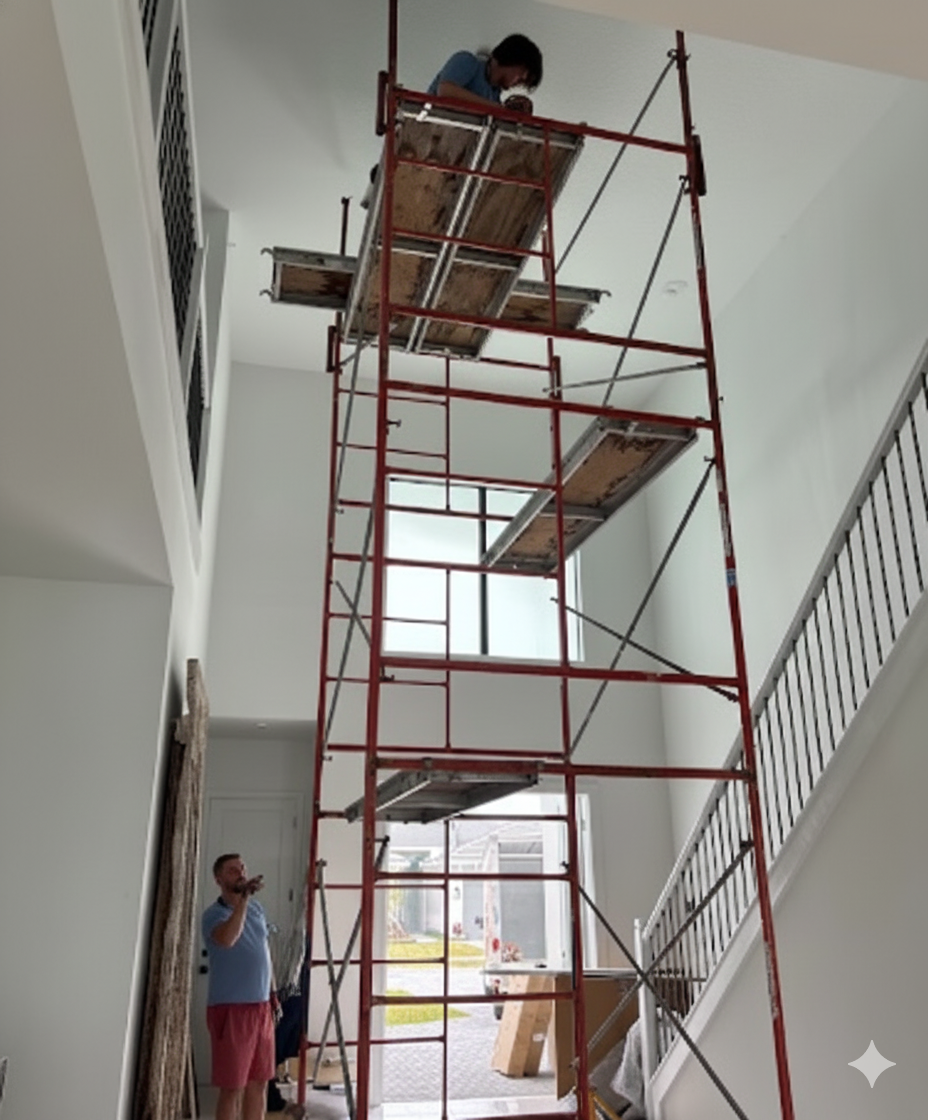 Two men on scaffolding painting a tall white wall in a foyer.
