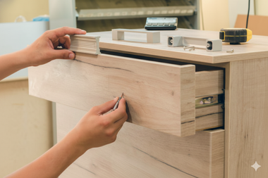 Person assembling wooden dresser, installing drawer handle with small tool.