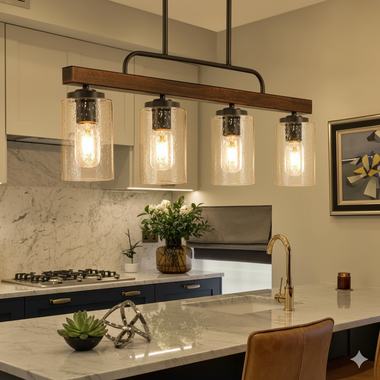 Kitchen island with hanging light fixture and stove. Wooden accent, four glass shades, granite countertops.