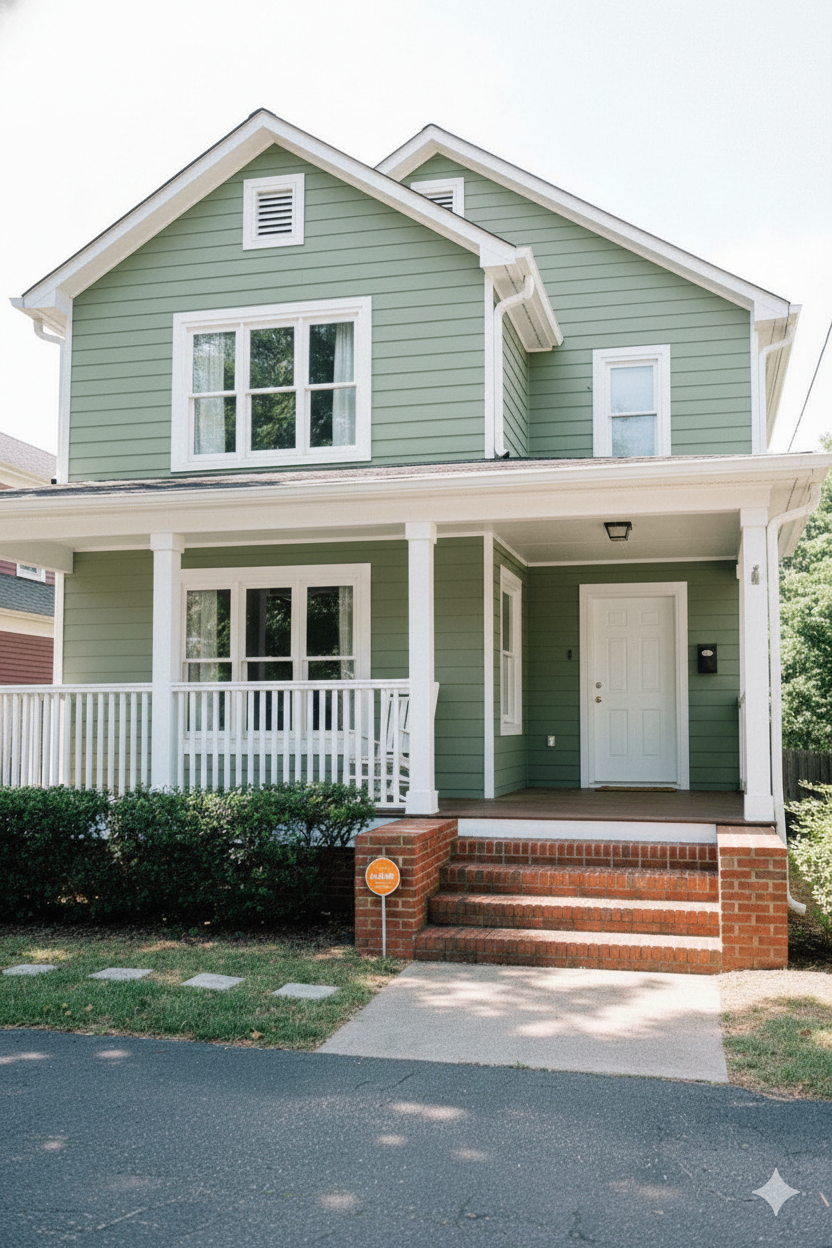 Green two-story house with white trim, a porch, and brick steps leading to the front door.