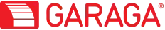 GARAGA red logo with white stylized garage door icon and text