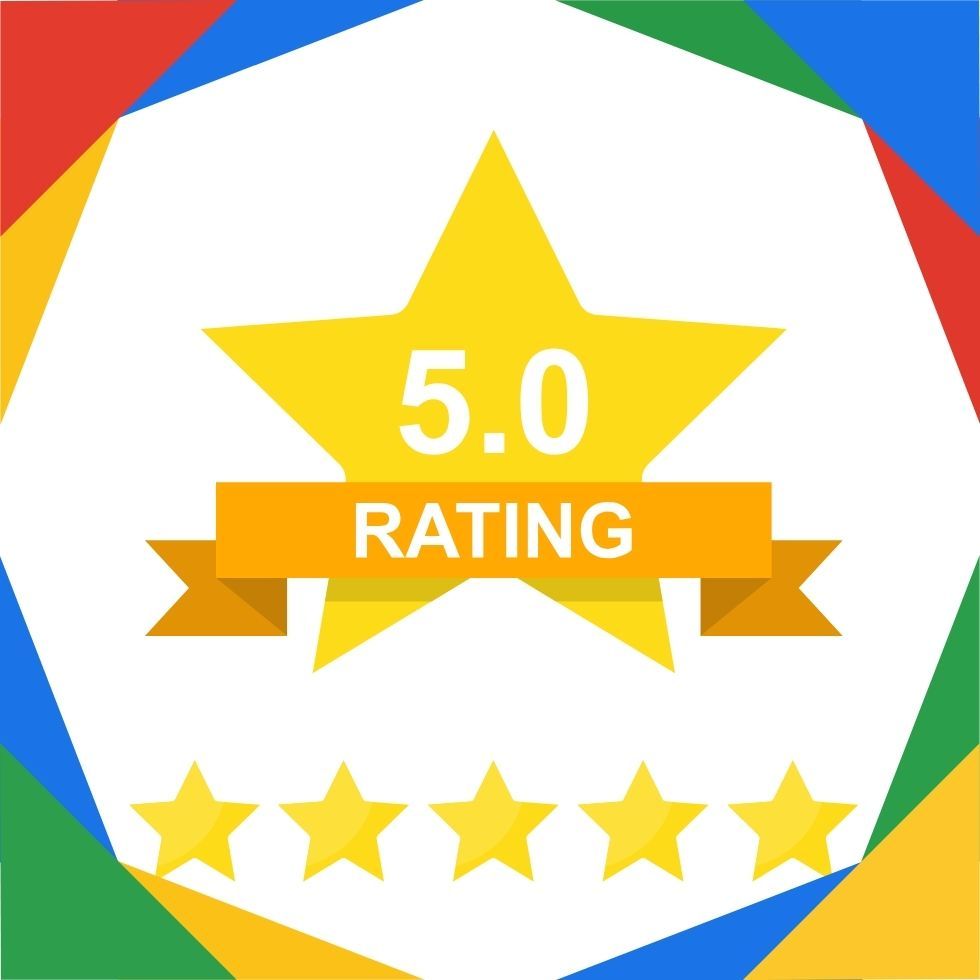 A yellow star with a ribbon that says 5.0 rating