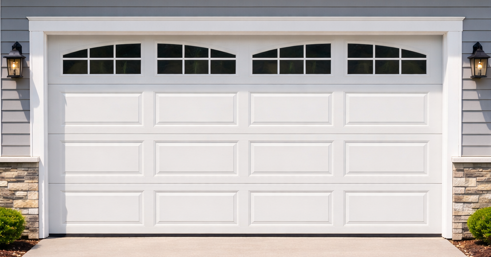 White garage door with arched windows, lights, and stone accents.