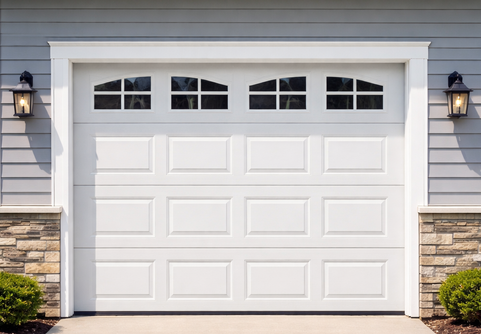 White garage door with windows, flanked by stone and siding, lit by outdoor lamps.