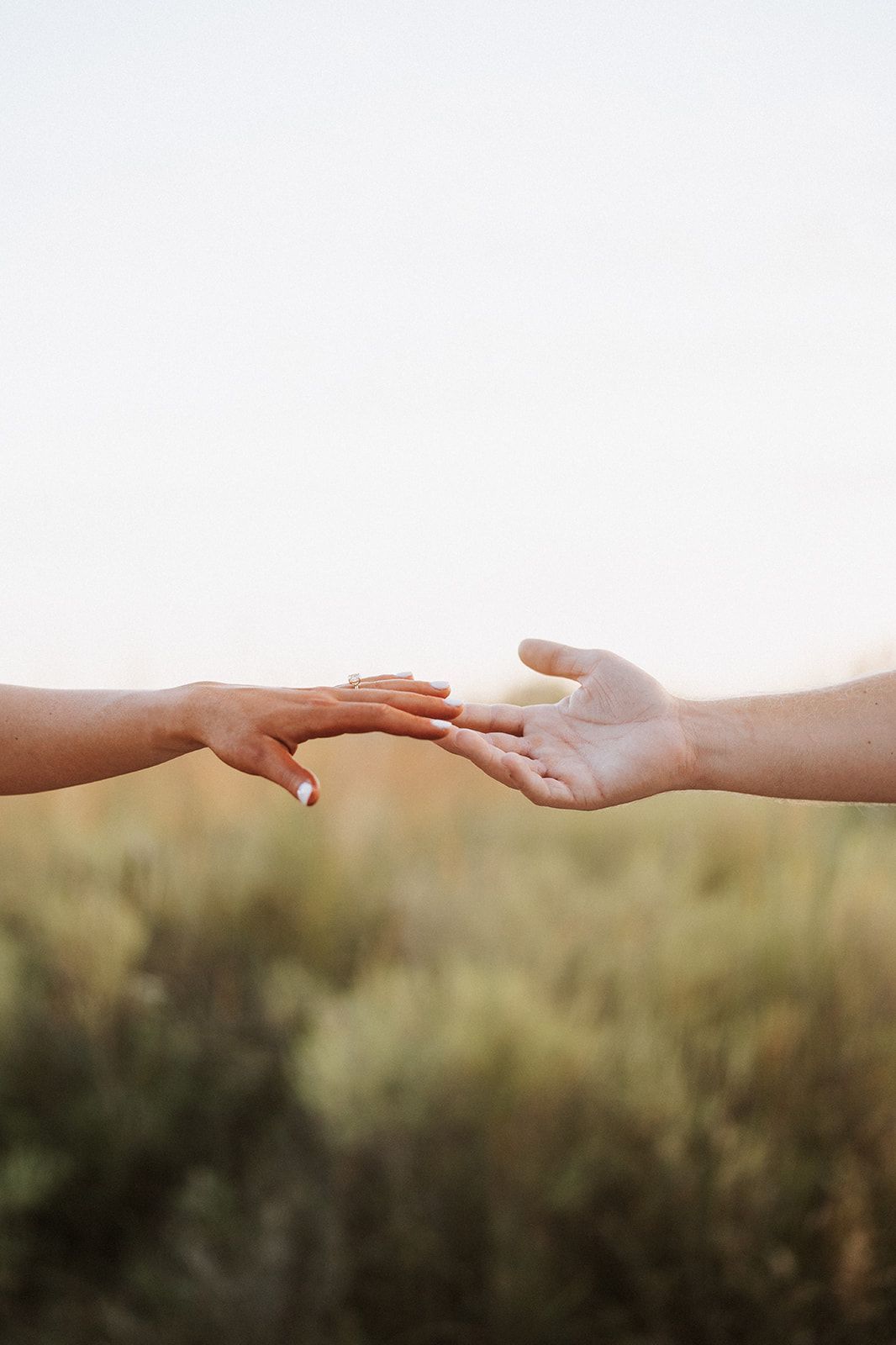 A man and a woman are holding hands in a field.