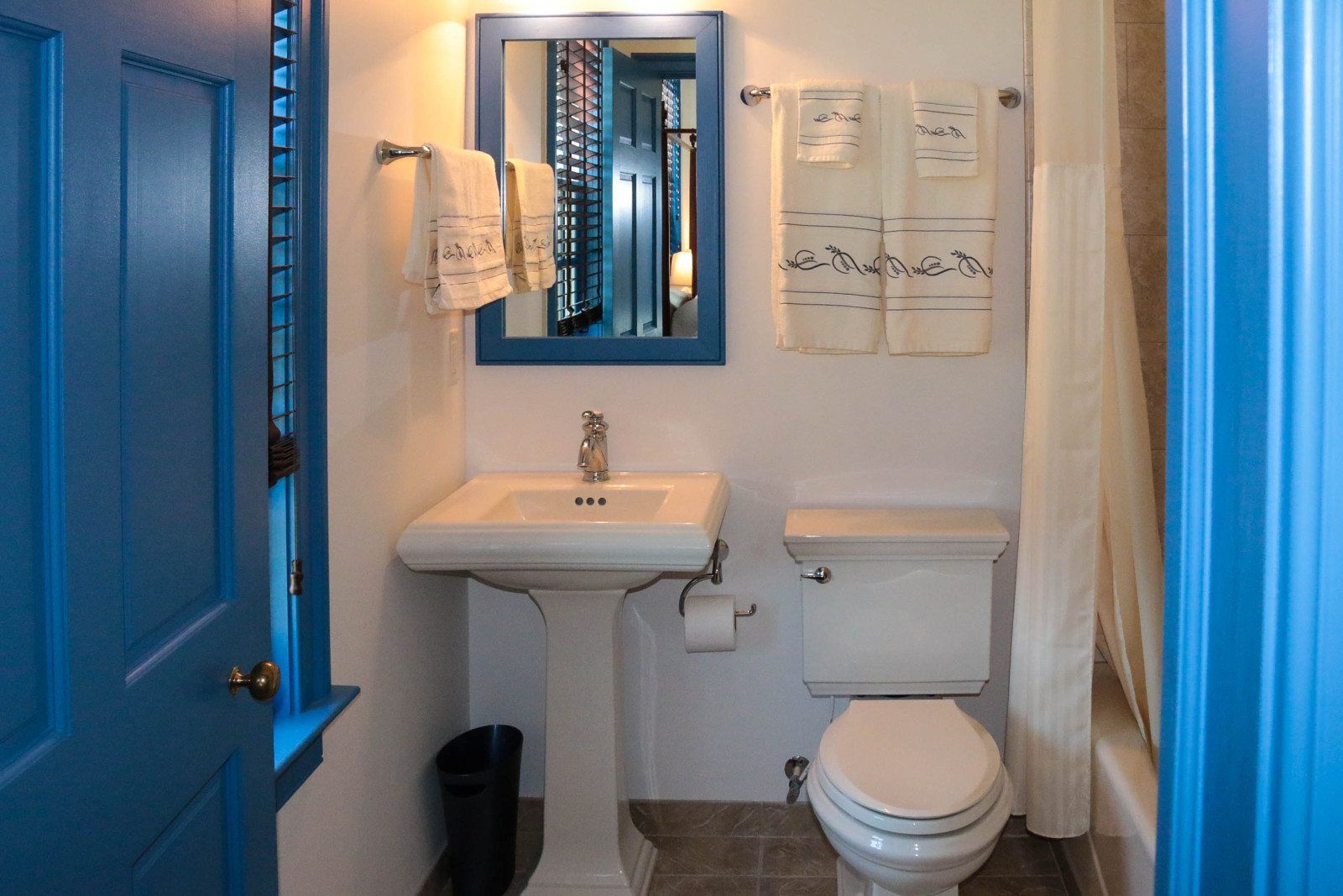 This is the bathroom in the Blue Room at Gracefield Hall BNB. It shows the sink and toliet.