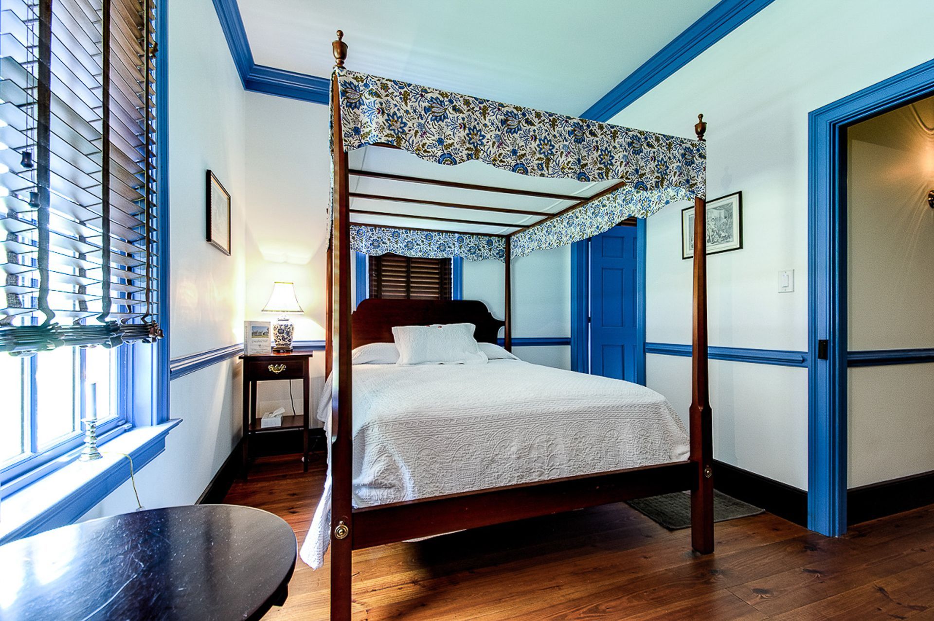 This is a photo of the canopy bed in the Blue Room at the BNB.