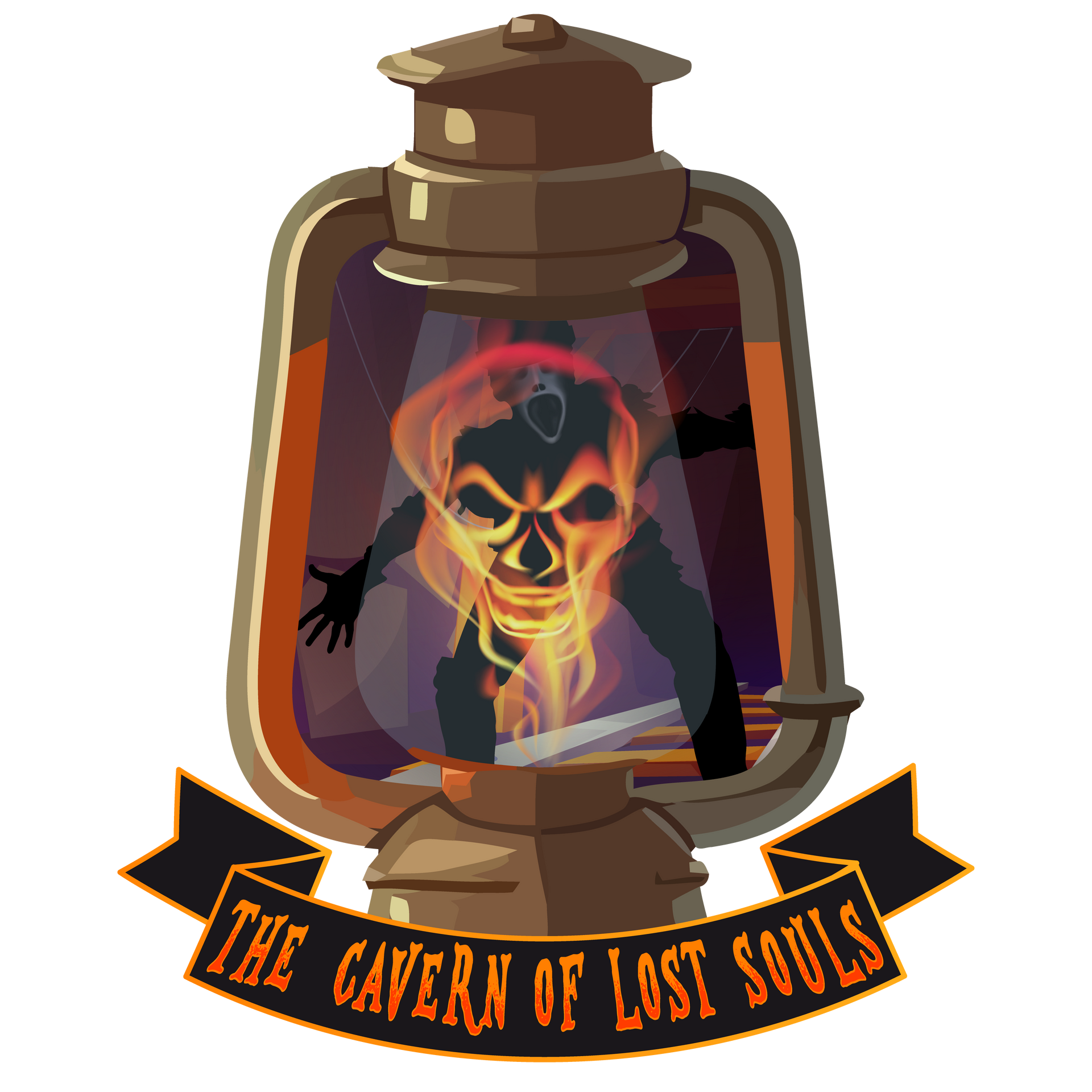 A logo for the cavern of lost souls with a lantern