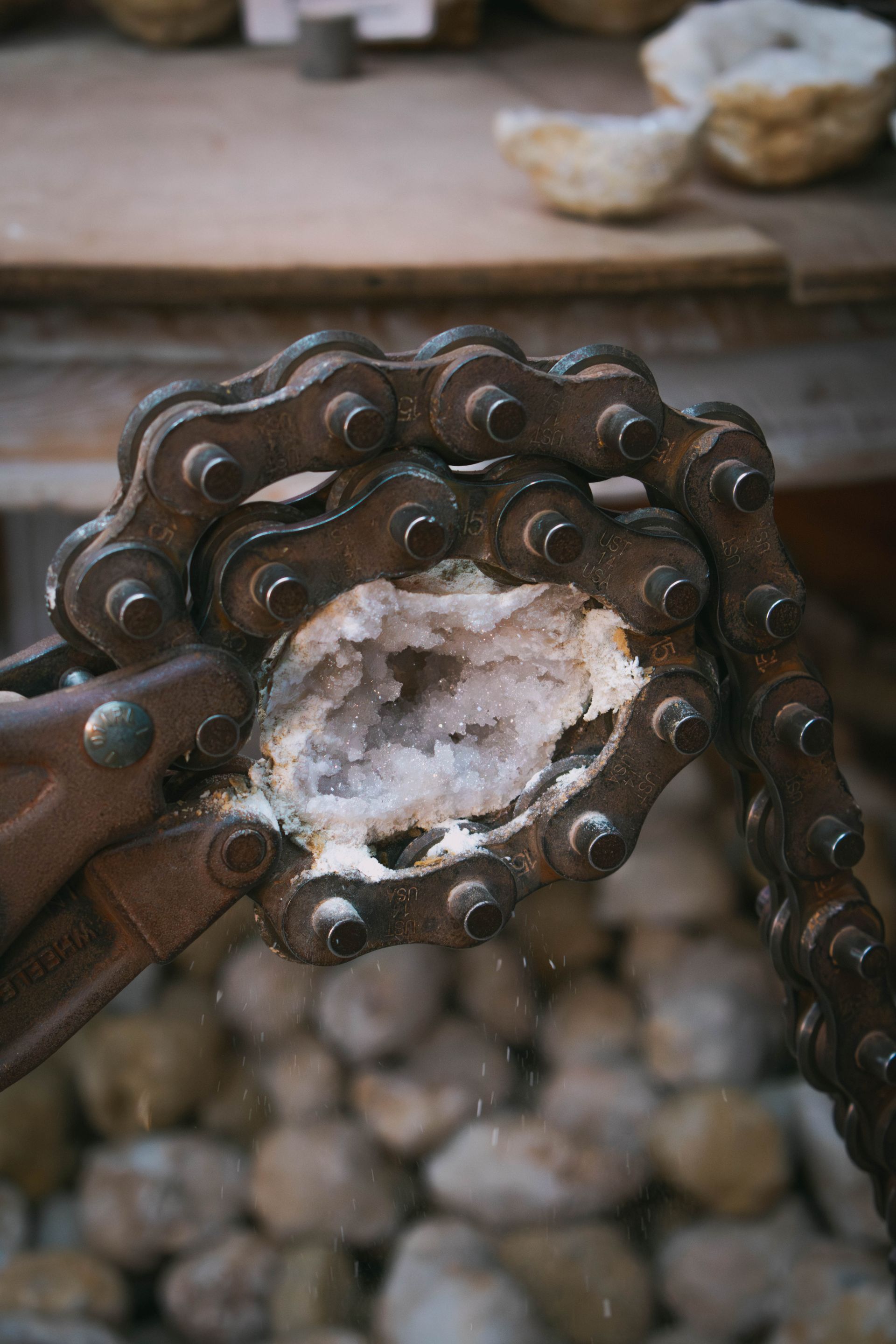 White quartz crystal geode interior, showing sparkling crystalline structures.
