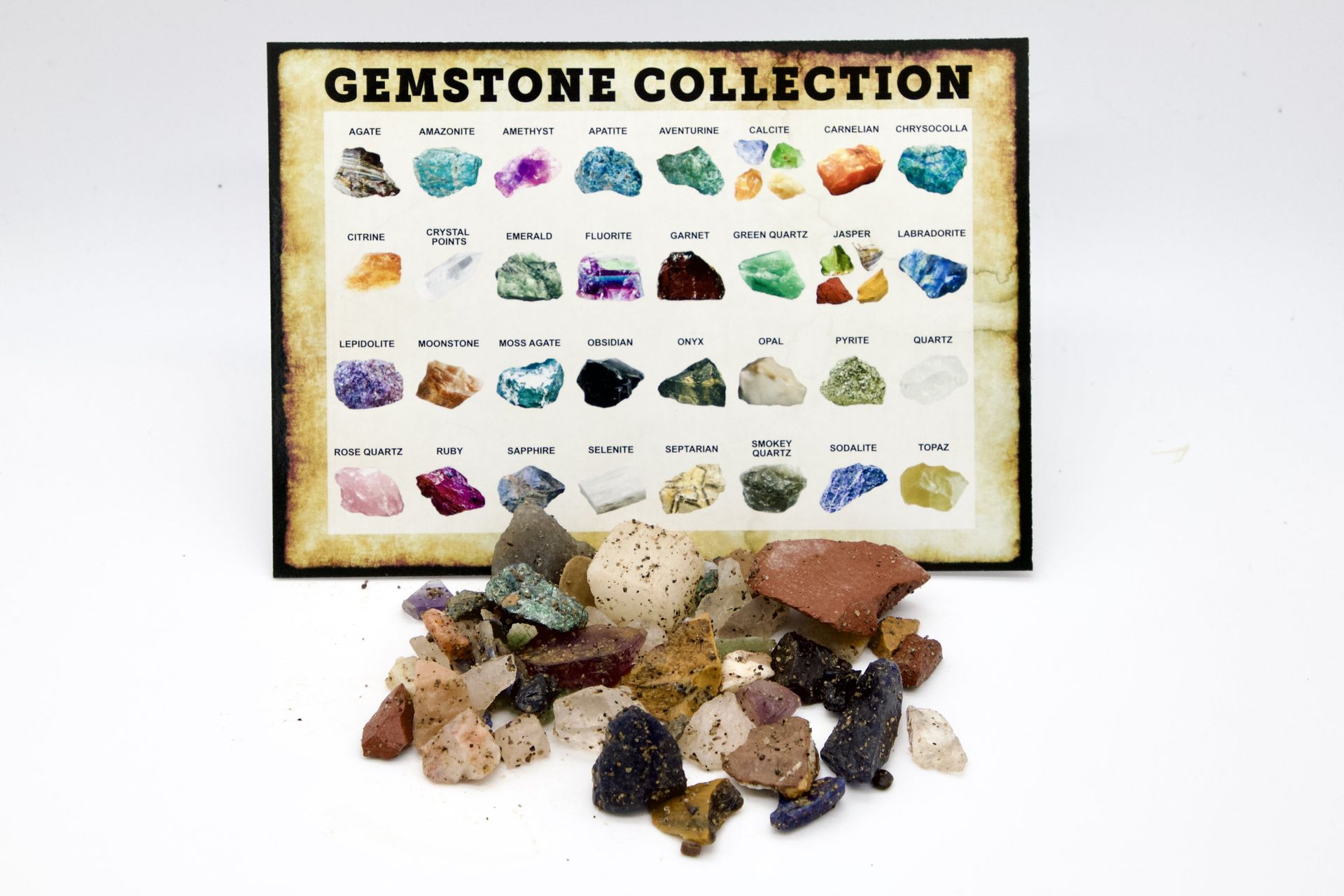 A pile of rocks next to a gemstone collection poster
