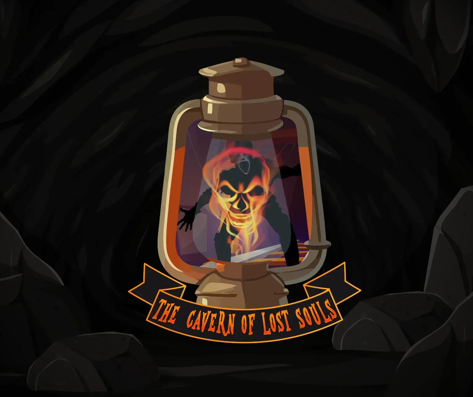 A logo for the cavern of lost souls with a lantern
