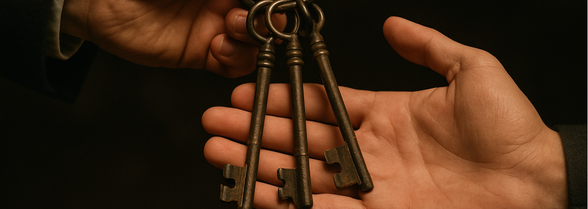 Picture of a man handing over a set of old keys. 