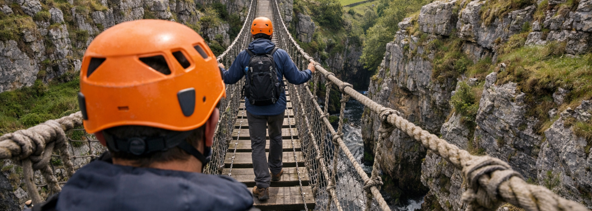 Picture of people going over a suspension bridge. Picture of people going over a suspension bridge.