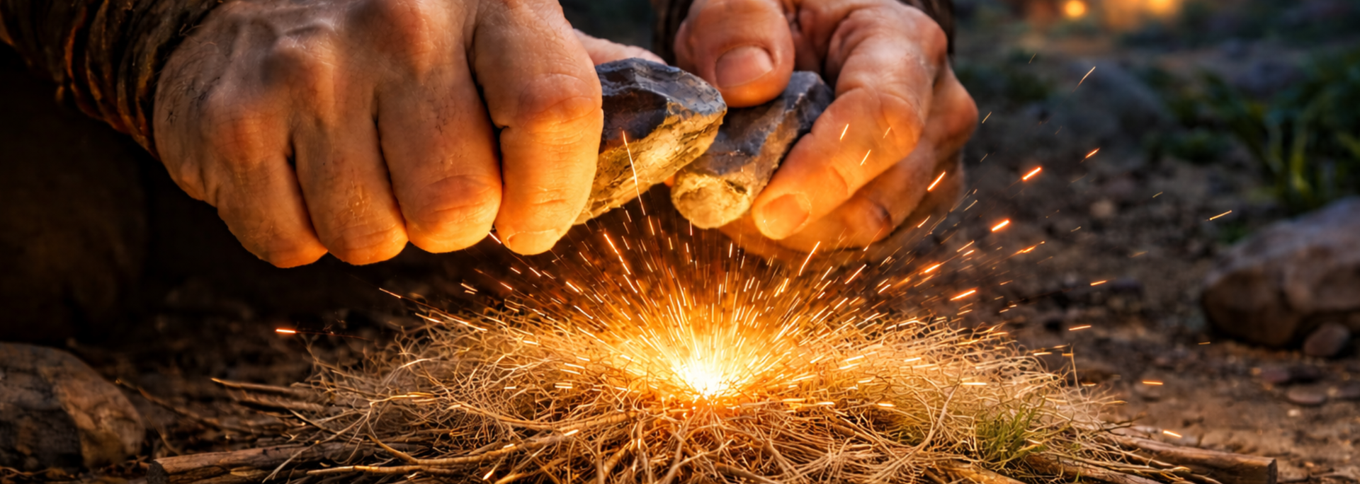 Picture of someone creating fire by using two pieces of flint. 