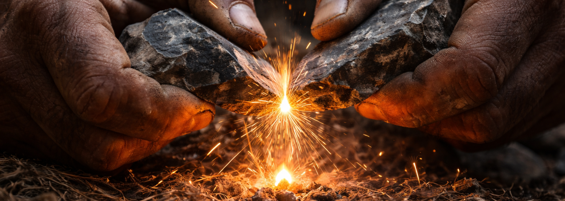 Picture of someone making fire by using flint. 