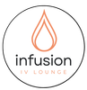 A logo for infusion iv lounge shows a drop of liquid in a circle.