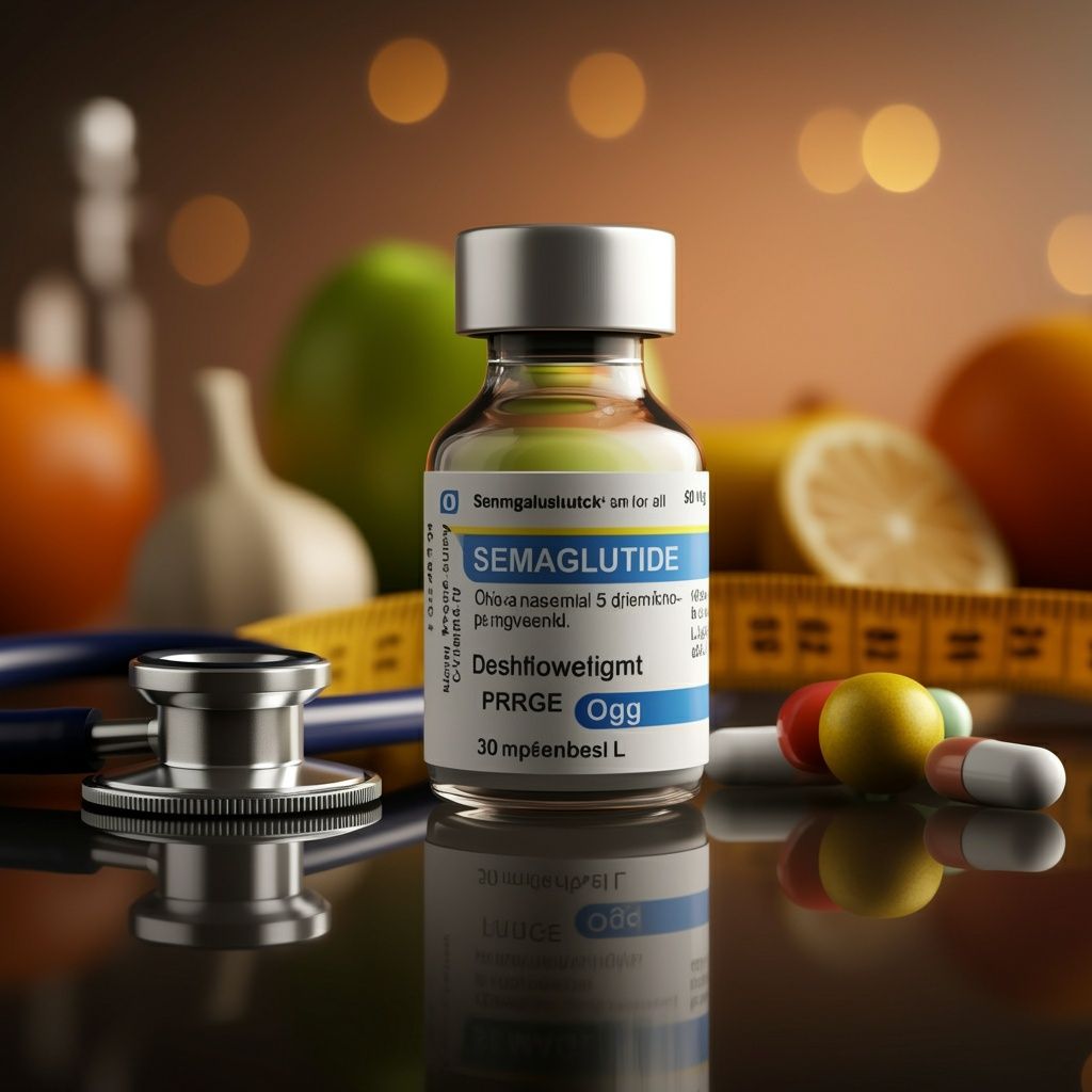 A bottle of semaglutide sits on a table next to a stethoscope