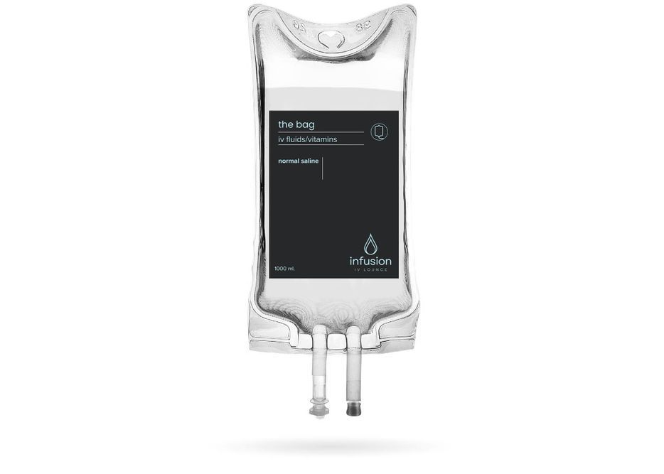 A bag of liquid with a black label on a white background.