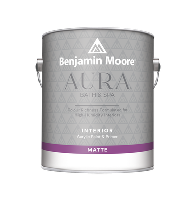 A can of benjamin moore aura bath and spa interior paint in matte.