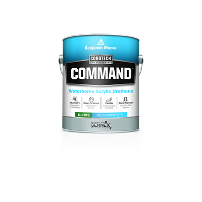 A can of command waterborne acrylic urethane paint on a white background.