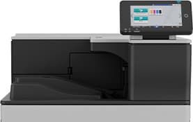 A black and white printer with a screen on top of it.