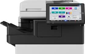 A black and white printer with a touchscreen on top of it.