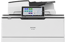 A white printer with a touchscreen on top of it.