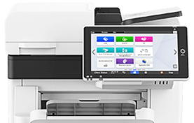 A white printer with a touchscreen on top of it.