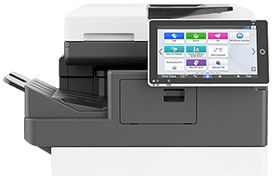 A black and white printer with a touchscreen on top of it.