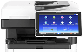 A black and white printer with a blue screen.