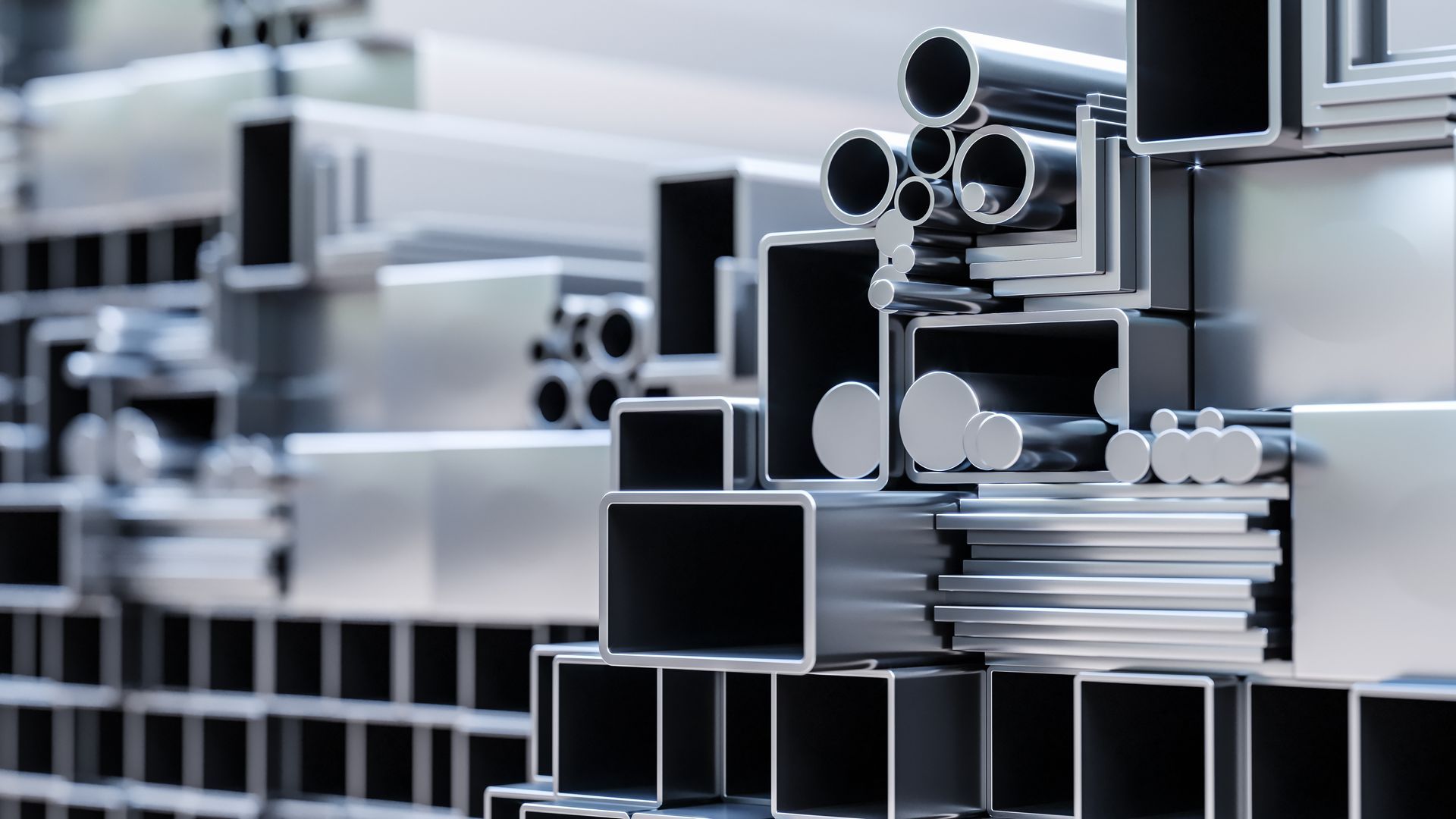Stacked metal pipes and square steel profiles in an industrial storage area.